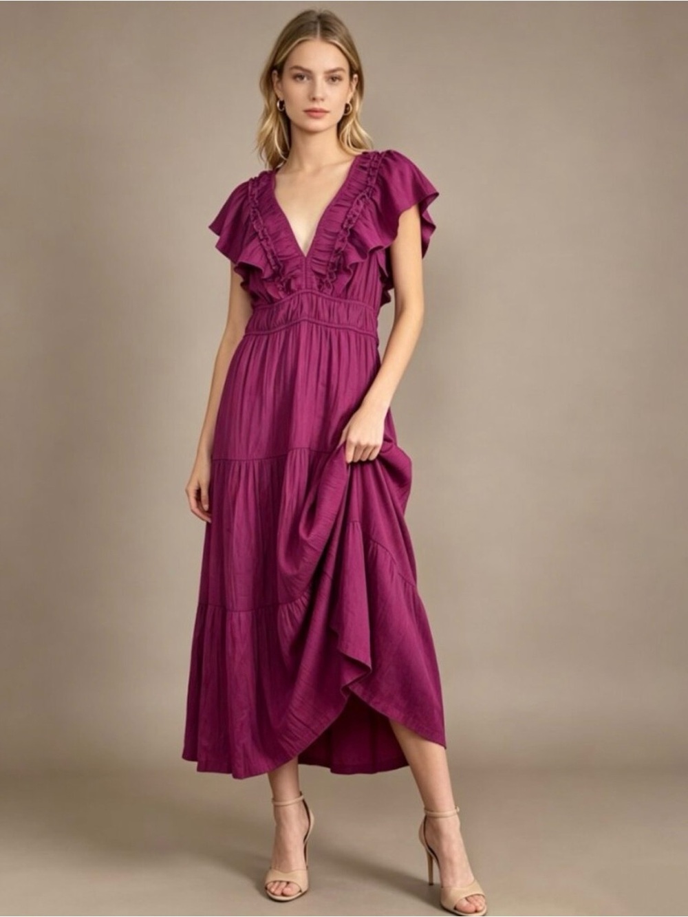 Anthropologie Ruffled V-Neck Midi Dress in Plum